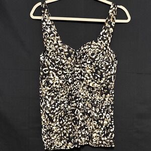 Cacique Swim Suit Leopard Ruched Tankini Top Underwire 38C Black Tan Animal